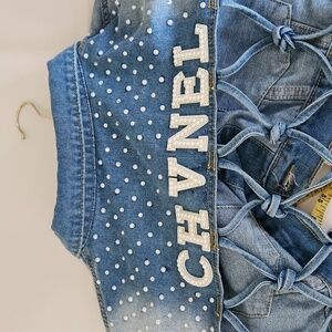 NWOT! Custom made Fringe crop diamond and pearl jean jacket